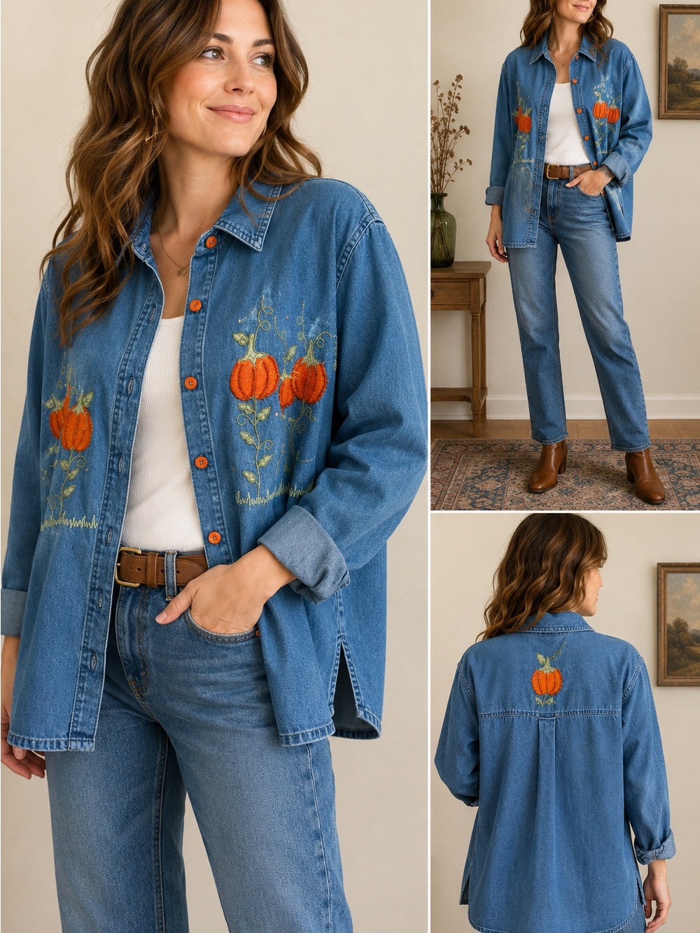 VTG Quacker Factory Pumpkin Embroidered Denim Jacket Shirt Oversized S